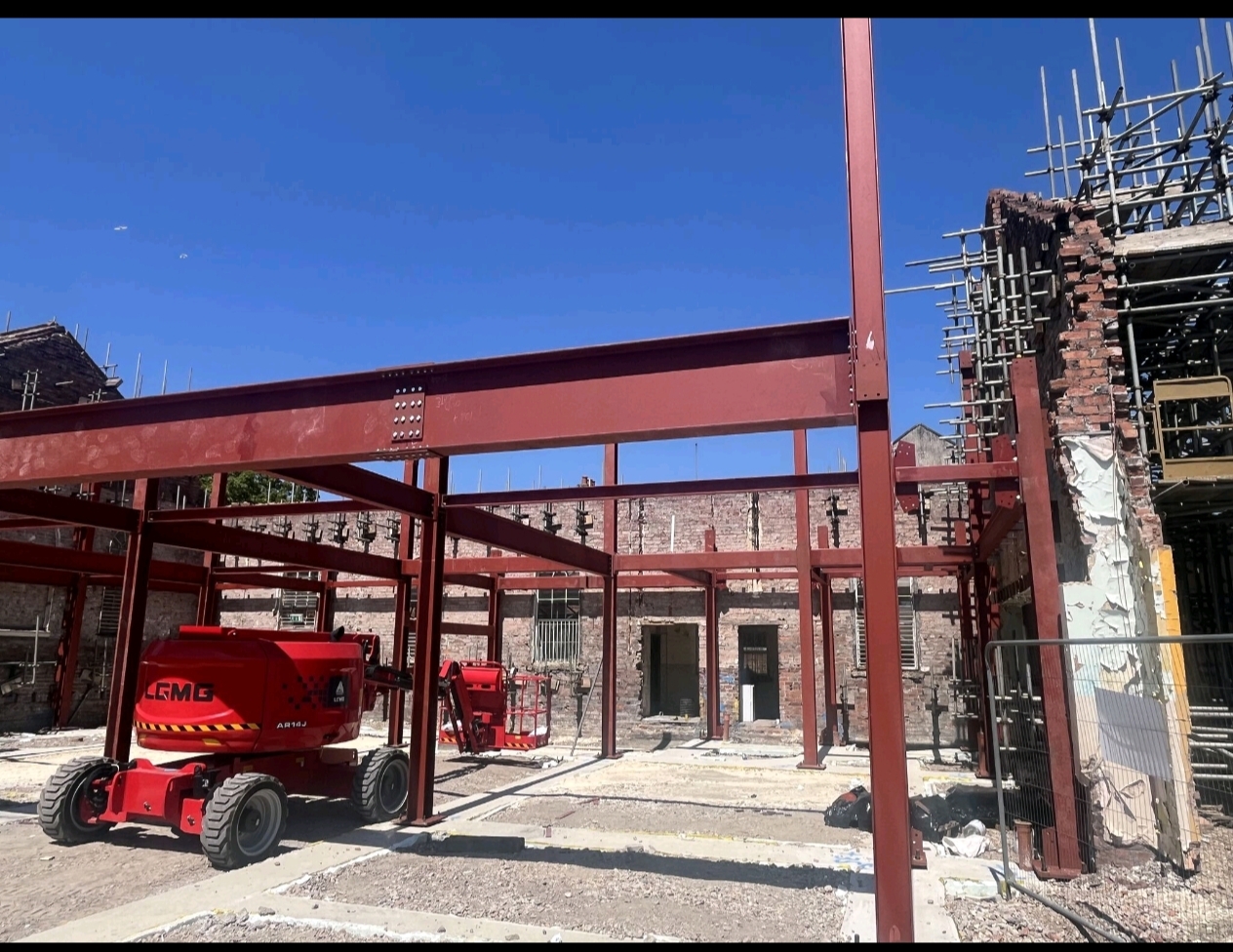 Structural steelwork frame installation on site