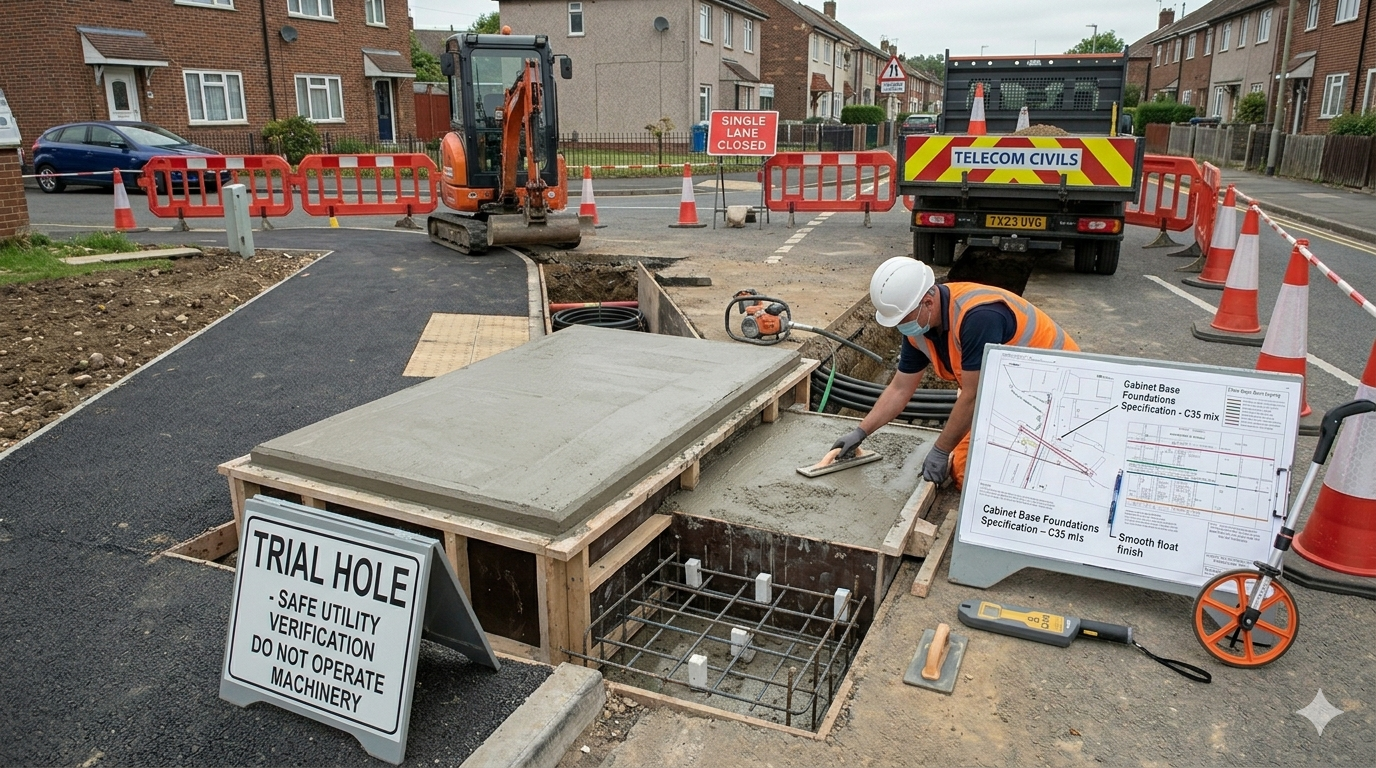 Concrete works for telecom equipment bases