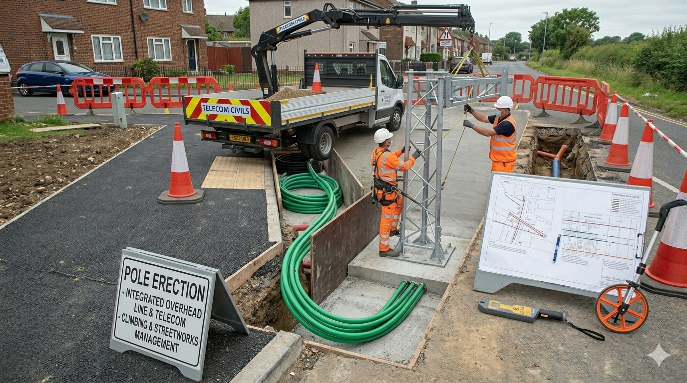 Telecom pole erection and overhead line works